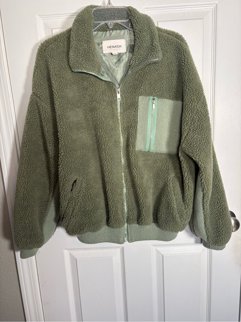 HEIMISH Olive Green Sherpa Zip-Up Jacket Size 1XL